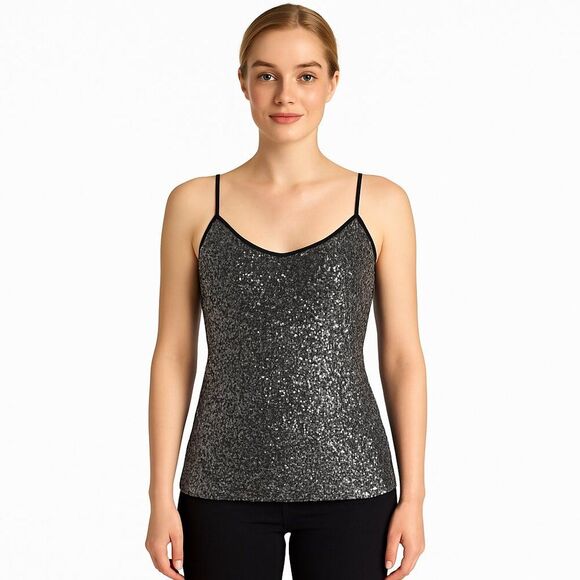 Badgley Mischka X-Small Black Silver Sequined Cami Top Sparkle Stretch Holiday - Picture 2 of 12